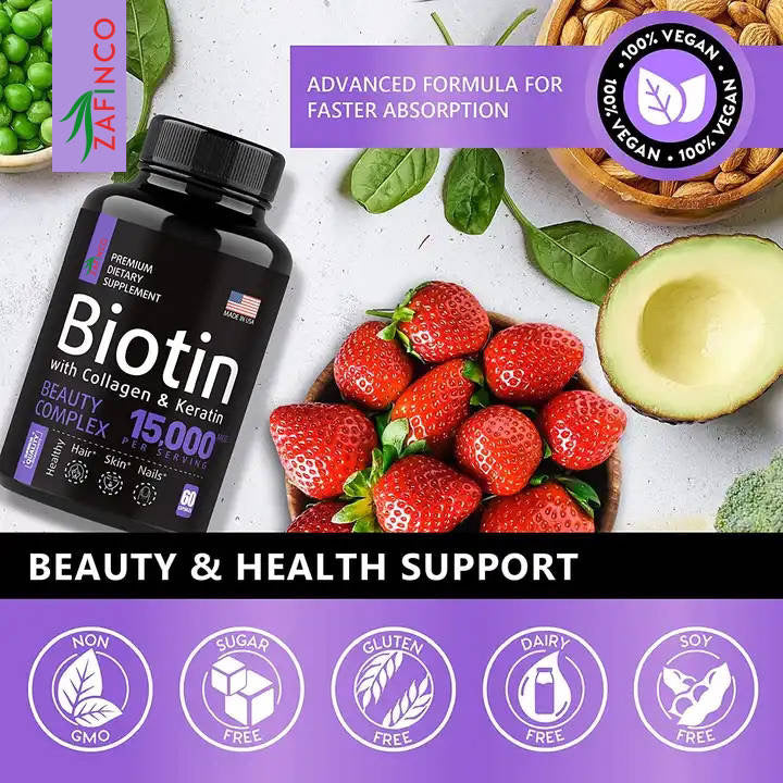 Biotin, Collagen, Keratin, and Hyaluronic Acid - Hair Growth Support Pills, 15000 mcg - Made in the USA.