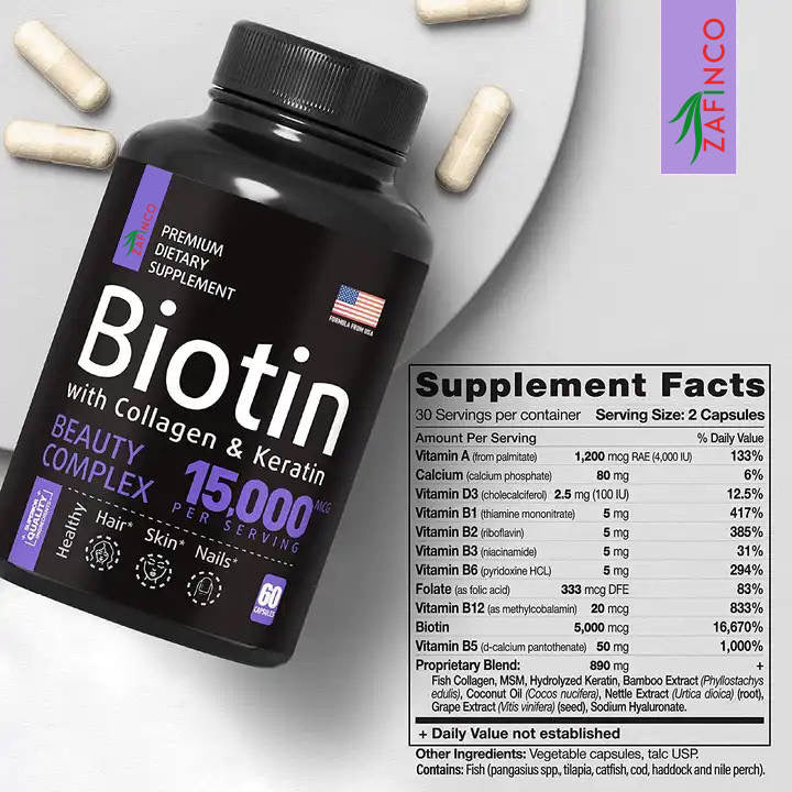 ZAFiNCO Biotin, Collagen, Keratin, and Hyaluronic Acid - Hair Growth Support Pills, 15000 mcg - Made in the USA.